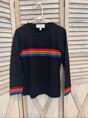133. Vintage St. John Sport Sweater Women’s Petite Black Rainbow Stripe knit top